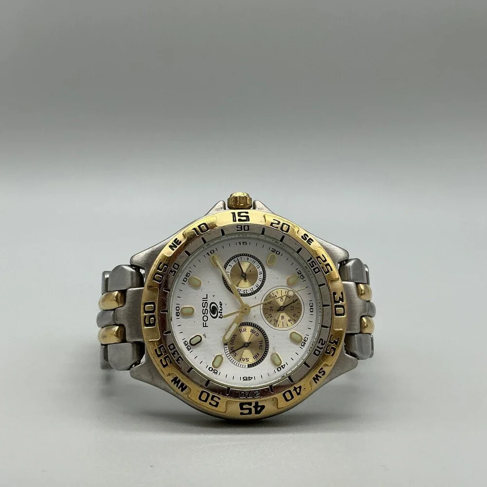 Vintage Fossil Blue BQ-8774 Mens Watch 40mm Two Tone Bracelet New Battery 7.5